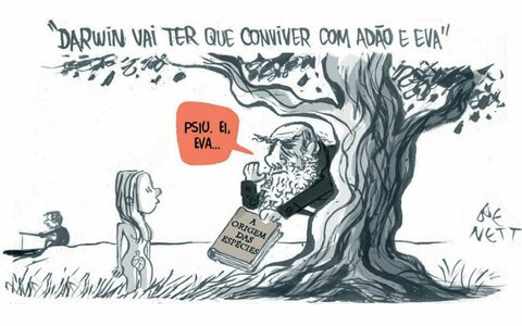 A difícil convivência do criacionismo e do evolucionismo é lendária (Ilustração: Benett)